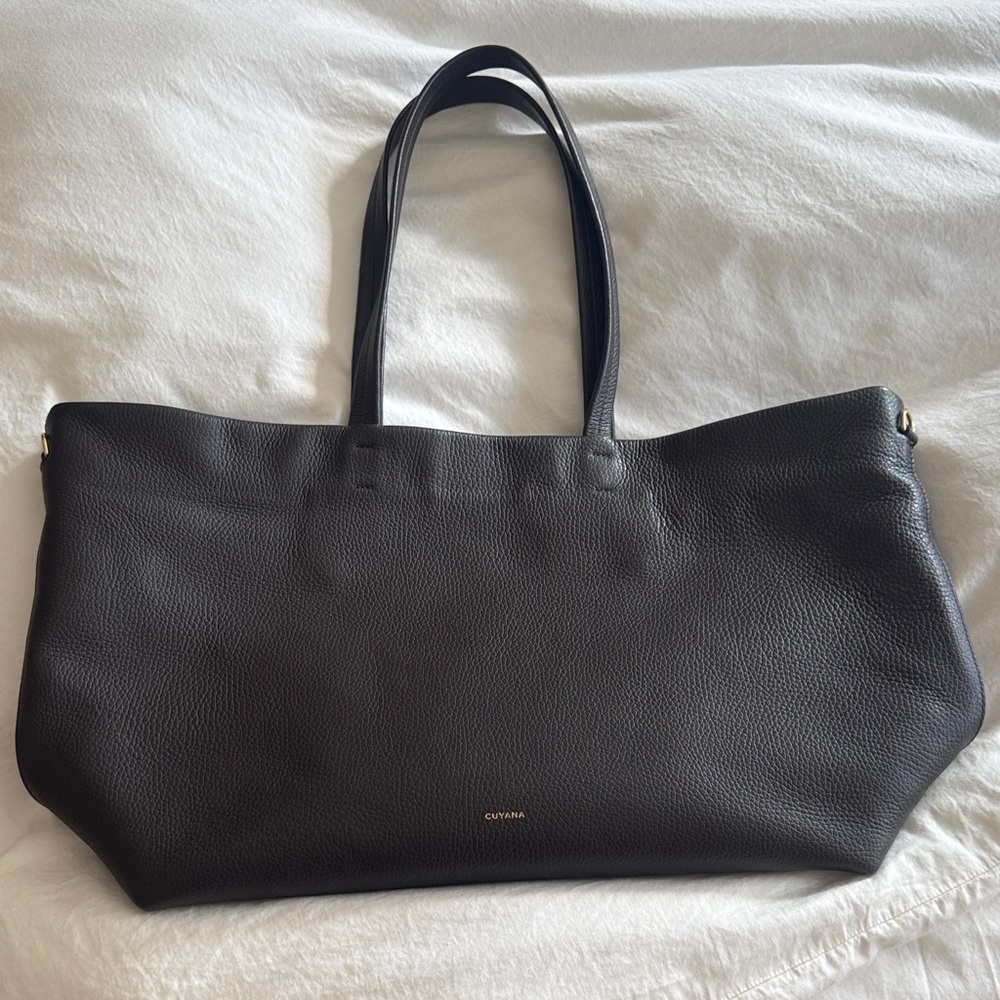 Cuyana Brown (Mocha) Pebbled Leather Shoulder Tote with Gold Logo